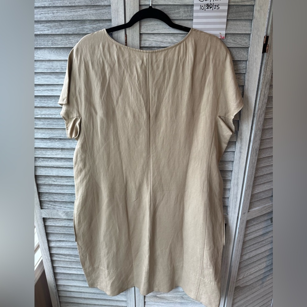 J Jill Silk Linen Shift Boxy Dress, has front patch pockets. Tan Sz L - Picture 5 of 10
